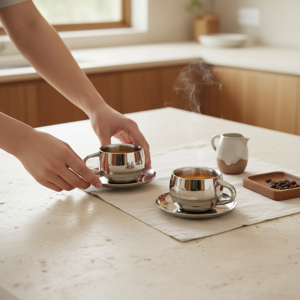 Stainless Double Wall Espresso cup with a Saucer